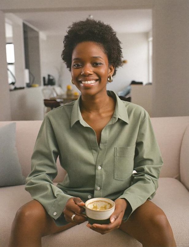 Amara smiling with a cup of coffee
